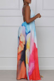 Red Fashion Sexy Print Backless Slit Spaghetti Strap Sleeveless Dress