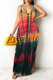 Navy Blue Casual Off The Shoulder Sleeveless Slip Swagger Floor-Length Print Patchwork