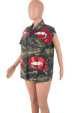 Green Denim Street Fashion Ma'am adult Turndown Collar Sequin Camouflage Sequined Pattern Plus Size overc