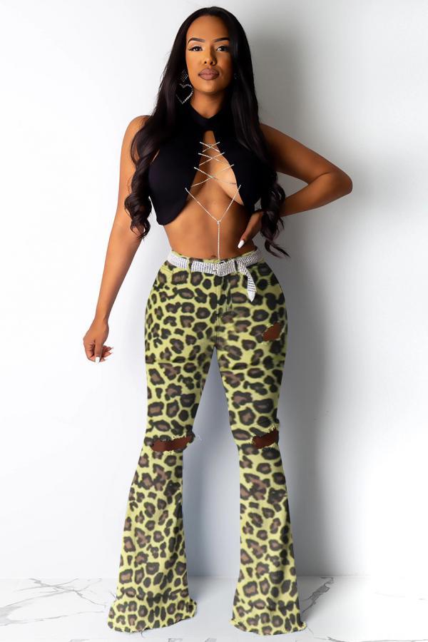 Yellow Zipper Fly Sleeveless Mid Old Zippered washing camouflage Boot Cut Pants