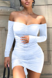 White Fashion Sexy Europe and America Off The Shoulder Long Sleeves One word collar Sheath skirt Solid Draped Dresses