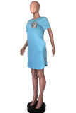 Light Blue Fashion adult Street Pink Yellow Light Blue purple Cap Sleeve Short Sleeves O neck Pencil Dress Knee-Length Print Patchwork Leopard Pocket Dresses