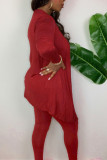 Red British Style Print Solid O Neck Long Sleeve Long Two Pieces