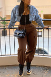 Brown Fashion Casual Solid Basic Regular Trousers