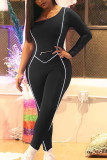 Blue Casual Solid zipper Blend Long Sleeve O Neck Jumpsuits
