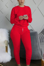 Red Sexy Europe and America Patchwork Solid Straight Long Sleeve Two Pieces