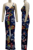 Yellow Sexy Print Hollowed Out Spaghetti Strap Straight Jumpsuits