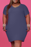 Light Blue Fashion Casual Plus Size Solid Basic V Neck Short Sleeve Dress