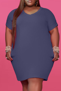 Tibetan Blue Fashion Casual Plus Size Solid Basic V Neck Short Sleeve Dress