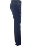 Dark Blue Denim Zipper Fly Button Fly High Pocket washing Hole Solid Zippered Boot Cut Pants 