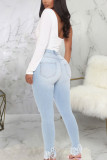 Baby Blue Sexy Solid Ripped High Waist Skinny Denim