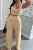 Khaki Fashion adult Ma'am OL Patchwork Solid Two Piece Suits Straight Sleeveless Two Pieces