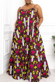 Red Sexy Print Patchwork High Opening Spaghetti Strap Sling Dress Plus Size Dresses
