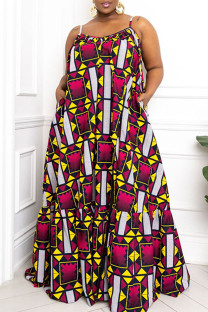 Dark Purple Sexy Print Patchwork High Opening Spaghetti Strap Sling Dress Plus Size Dresses