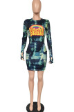 Multicolor Sexy Print O Neck Pencil Skirt Dresses
