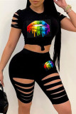 Black Fashion Casual Lips Printed Ripped O Neck Short Sleeve Two Pieces