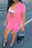 Grey Casual Sportswear Letter Embroidered Patchwork Zipper Collar Short Sleeve Two Pieces