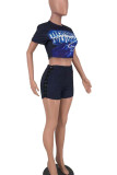Blue Black Casual Print Patchwork O Neck Short Sleeve Two Pieces