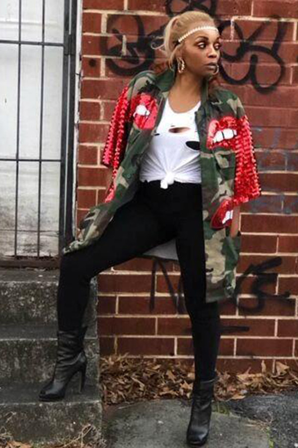 Green Turndown Collar Patchwork Sequin Lips Print The cowboy Patchwork Long Sleeve Denim jacket