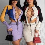 Green Fashion Sexy Patchwork Hollowed Out O Neck Long Sleeve Two Pieces