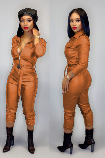 Brown Fashion Sexy Solid bandage zipper PU Long Sleeve Turndown Collar 