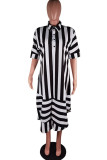 Black Fashion Casual Short Sleeves Turndown Collar Straight Mini Striped Print Dresses