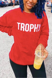 Red Chemical fiber blend O Neck Long Sleeve Letter Print Tops
