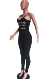 Black Fashion Sexy Print letter Sleeveless Slip Jumpsuits