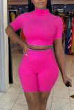 Rose Red Casual Solid Patchwork Half A Turtleneck Short Sleeve Two Pieces
