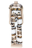 Yellow Fashion Casual Print Basic O Neck Plus Size Two Pieces