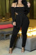 Black Sexy Solid Patchwork Bateau Neck Two Pieces