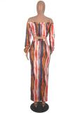 Orange Sexy Fashion Button crop top Slim fit Two Piece Suits asymmetrical Striped Regular Long Sl