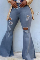 Grey Fashion Casual Solid Ripped Mid Waist Boot Cut Jeans