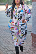 Multicolor Casual Print Turndown Collar Plus Size 
