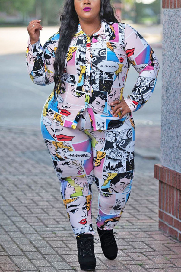 Multicolor Casual Print Turndown Collar Plus Size 