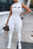 Black Casual Sportswear Letter Embroidered O Neck Skinny Jumpsuits