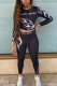 Black Fashion Casual Adult Milk Fiber Print Patchwork O Neck Long Sleeve Regular Sleeve Short Two Pieces