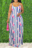 Colorful Blue Sexy Print Patchwork Spaghetti Strap Straight Dresses