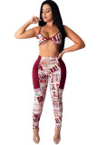 Wine Red Fashion Sexy adult Ma'am Patchwork Print Two Piece Suits pencil Sleeveless Two Pieces