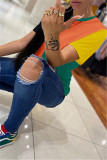 Blue Fashion Casual Patchwork Basic O Neck T-Shirts