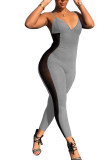 Blue Fashion street Patchwork Mesh Solid Sleeveless V Neck Jumpsuits