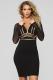 Black Sexy Fashion Cap Sleeve Long Sleeves V Neck Step Skirt Knee-Length Patchwork Print Club D