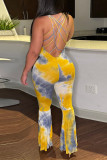 Yellow Sexy Casual Print Tie Dye Backless U Neck Regular Jumpsuits