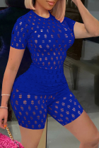 Blue Sexy Solid Hollowed Out O Neck Short Sleeve Two Pieces