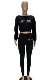 Black Fashion Casual Pit Article Fabrics Letter Embroidered Boat Neck Two Pieces