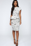 Black Casual Cap Sleeve Short Sleeves O neck Step Skirt Knee-Length Print Floral Casual Dresses