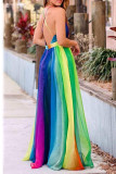 Rainbow Color Casual Daily Patchwork Mesh Spaghetti Strap A Line Dresses