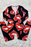 Black Living Lips Printed V Neck Skinny Jumpsuits