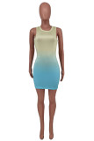 Yellow And Blue Fashion Sexy Gradual Change Print O Neck Sleeveless Dress