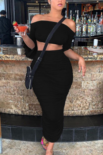 Black Fashion Sexy adult Patchwork Solid backless Draped Two Piece Suits pencil Half Sleeve Two Pieces
